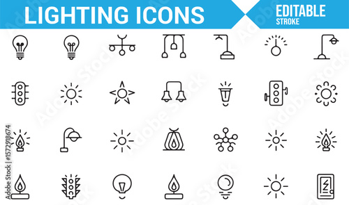 Set of Light and Lighting Icons for Home, Street, and Outdoor Illumination