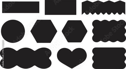 Collection of diverse black solid shapes including rectangles hexagons oval heart and wavy edged forms on white background