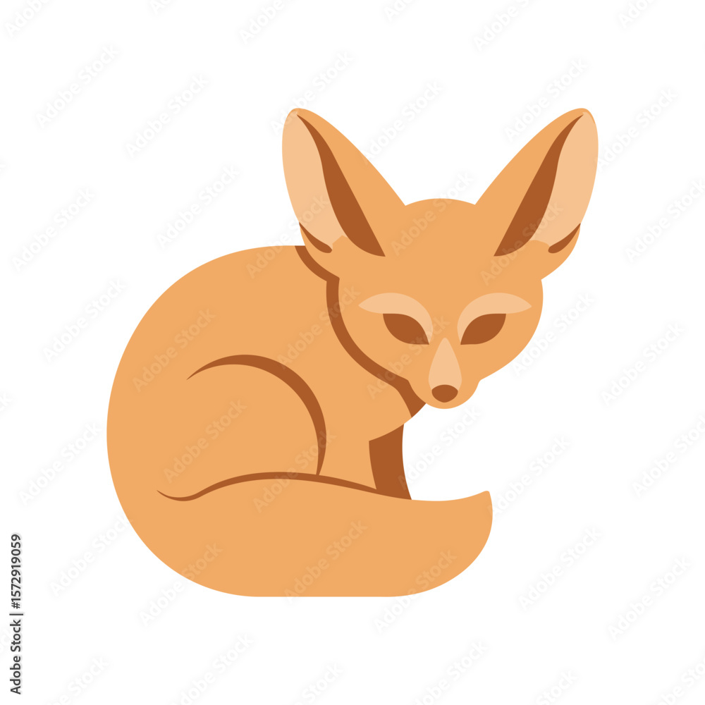 Fototapeta premium A charming cartoon illustration of a fennec fox sitting curled up, showcasing its fluffy tail and large ears against a clean white backdrop
