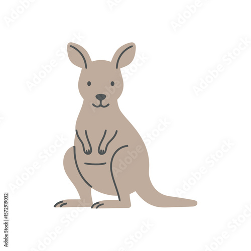 A simple yet endearing illustration of a baby kangaroo sitting upright, showcasing its soft gray fur and large ears against a stark white background
