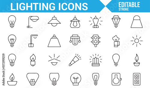 Light Bulb, Lamp, and Lighting Fixtures Icons for Home and Outdoor Lighting