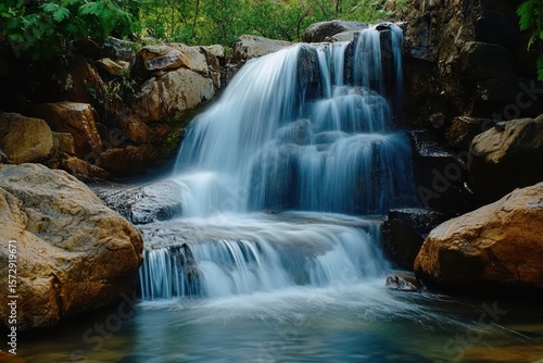 Waterfall cascading over rocks in the pristine wilderness of Tasmania, Tasmania wilderness Australia wild nature waterfall in national park