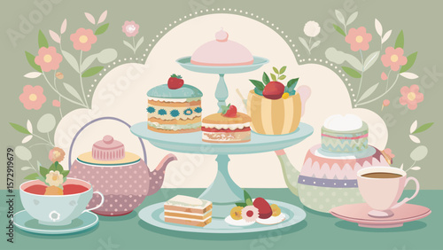 A colorful image of a tea party with a variety of cakes and pastries on a table. The table is set with cups, saucers, and a teapot. Scene is cheerful and inviting