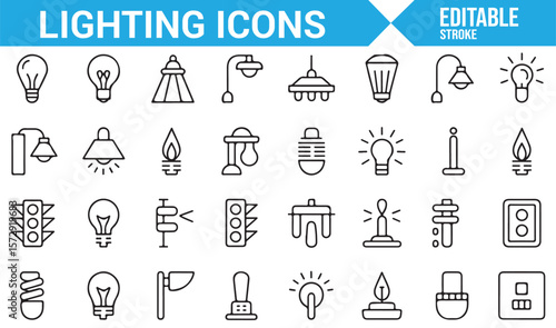 Lighting and Light Fixture Icons for Bulbs, Lamps, and Street Illumination