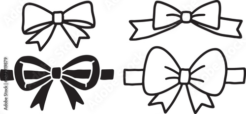 A collection of four hand drawn black outline and filled bow tie icons on a white background