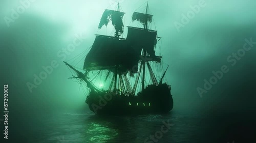 Ghostly pirate ship sails through eerie fog at night with spooky halloween atmosphere, dark sails, glowing windows, and green light on water sail