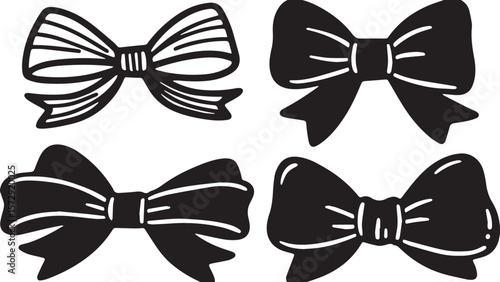 A collection of four hand drawn black bow tie designs with different styles and details on a white background