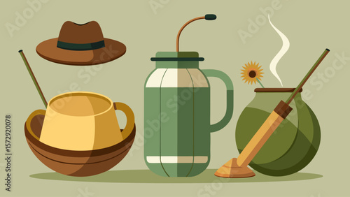 A collection of cups, bowls, and vases with a hat on top of one of the cups. The hat is brown and has a black band. The cups and bowls are arranged in a row, with the vase in the middle