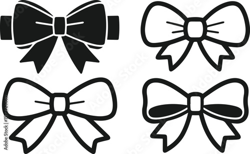 Collection of four simple black bow icons representing gifts celebrations and decorative elements
