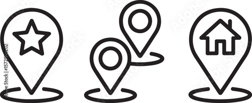 Map Marker Icons Representing Favorite Place, Travel Route, and Home Location Symbols Indicating Navigation and Destinations for Mapping Applications