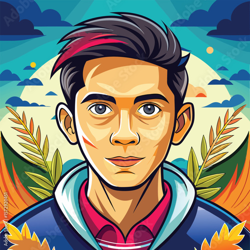Stylized portrait of a young man with striking features and colorful background silhouette