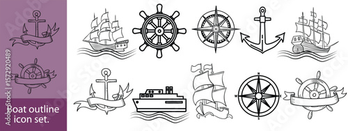 boat icon design set,Ship and Boat Icons. Contains such icons as Contains such icons as yacht, cruise, cargo shipping, ferry, schooner, water scooter,Boat outline icon set.