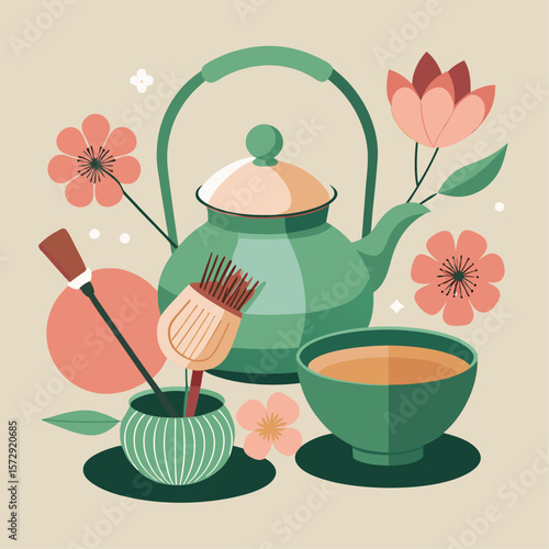 A green tea kettle sits on a table with a teapot and a cup. The teapot is filled with tea and a brush is nearby. Concept of relaxation and tranquility