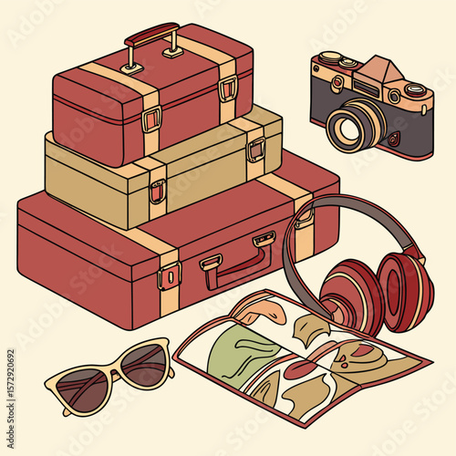 Illustration of stacked suitcases, camera, headphones, map, and sunglasses on a light background