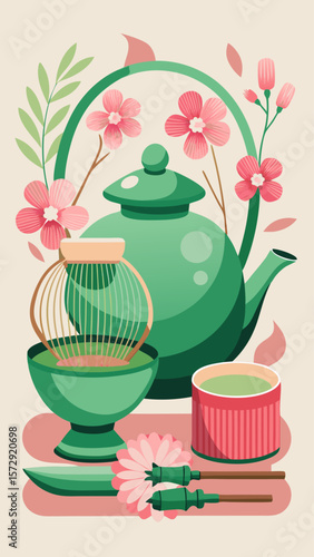 A green tea kettle sits on a table with a teapot and a cup. The teapot is filled with tea and a brush is nearby. Concept of relaxation and tranquility