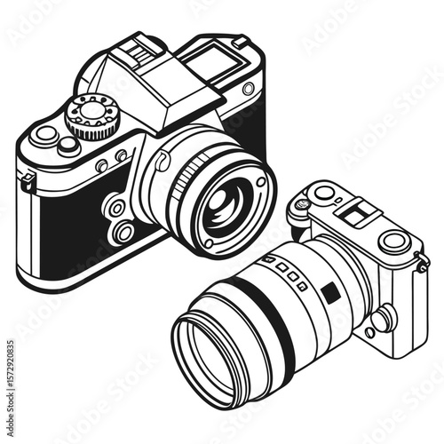 Two Cameras with Different Lenses in Black and White Line Art Illustration