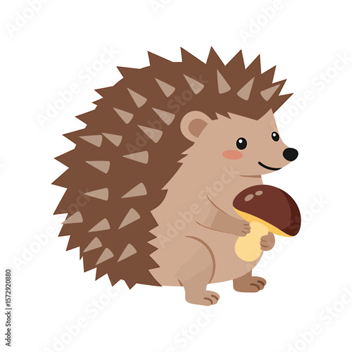 A cute cartoon hedgehog happily holds a brown mushroom