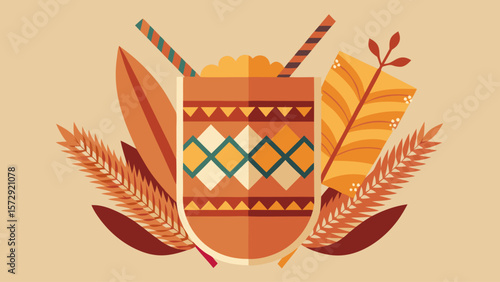 A colorful drink in a cup with a straw and a leaf on the side. The drink is orange and yellow, and the leaf is green. The cup is decorated with a pattern, and the leaf is placed on the side of the cup