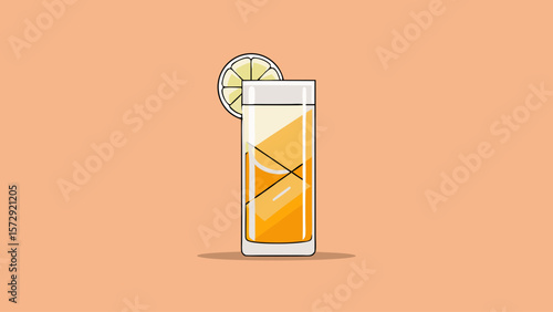 A glass of ice cold lemonade with a slice of lemon on top. The glass is half full and the lemon slice is floating on top of the drink. The image conveys a refreshing and summery mood