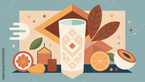 A colorful drawing of a glass of orange juice with a slice of orange on the side. The drawing also includes a heart, a leaf, and a cookie. Scene is cheerful and inviting, with the orange juice