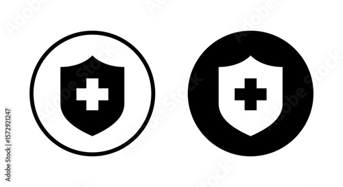 Health protection icon in black circle. Healthy shield sign. Medical defense symbol
