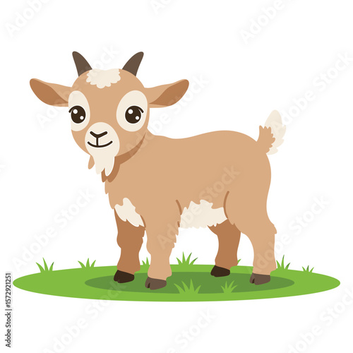 A cute brown baby goat stands in a grassy field, its large eyes and small horns adding to its charm