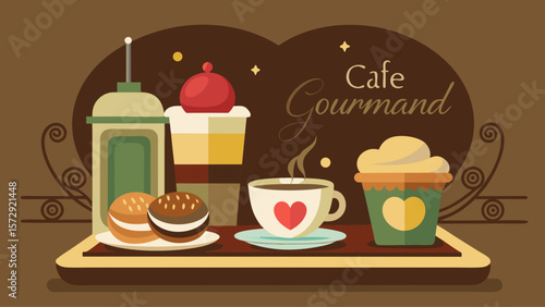 A tray of food and drinks with a cafe name on it. The cafe is called Cafe Gourmand