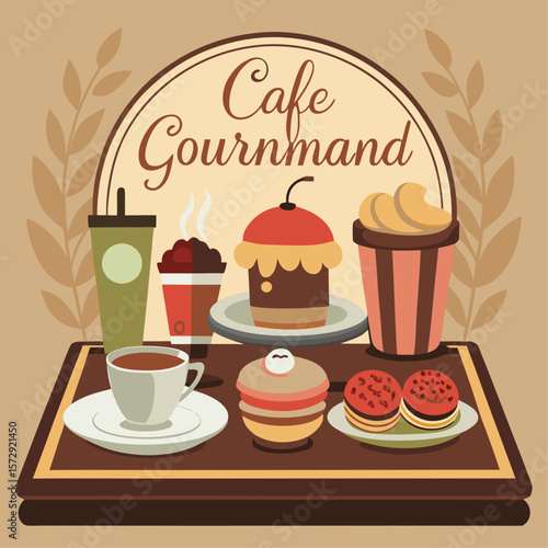 A tray of food and drinks with a cafe name on it. The cafe is called Cafe Gourmand