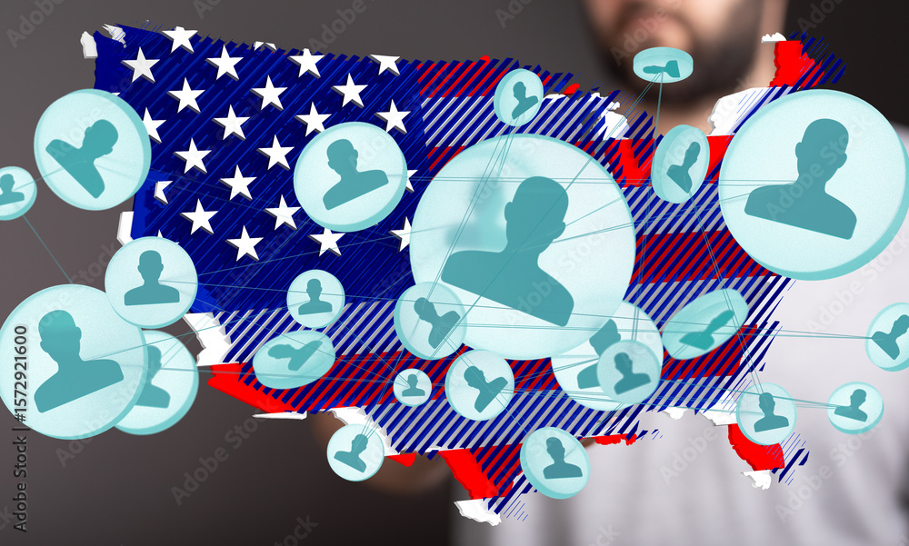 Obraz premium Illustrative image depicting a network of people across the United States. Ideal for social media, networking, and connectivity concepts.
