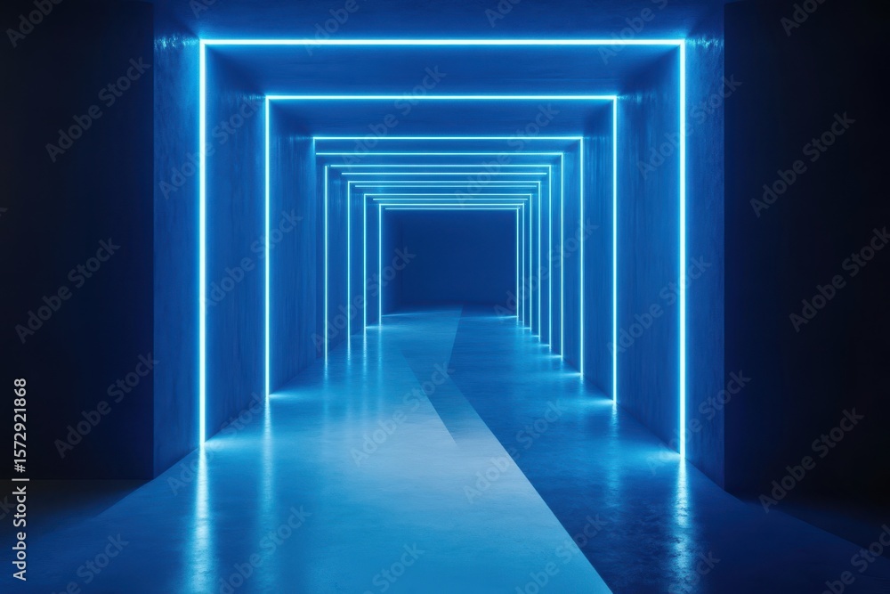 Fototapeta premium Futuristic tunnel with blue light stripe design showcasing modern architectural aesthetics, blue light stripe futuristic background