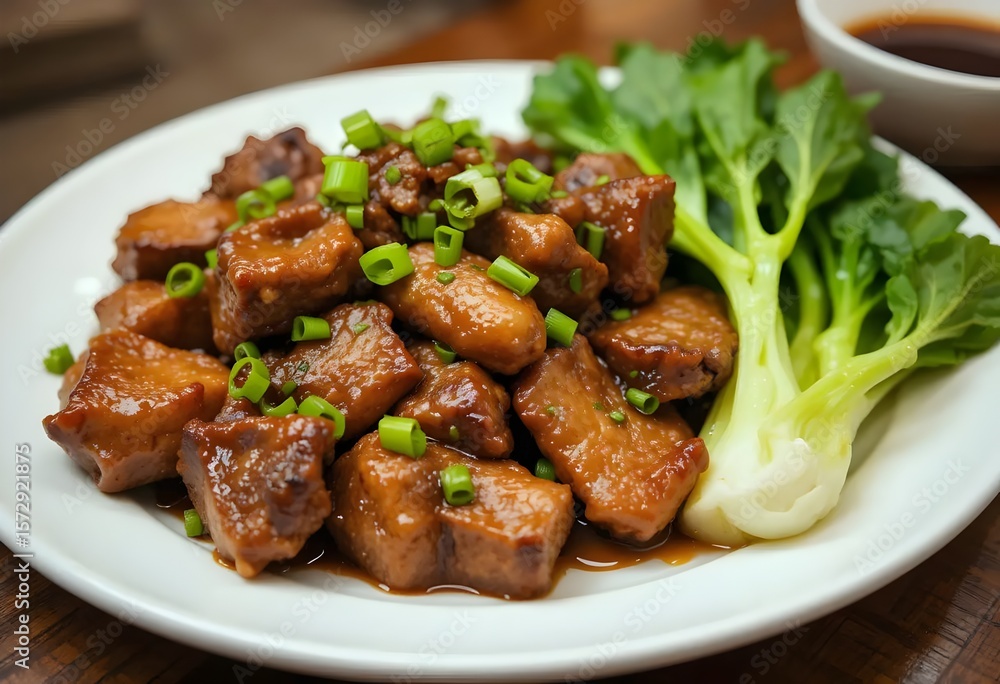 Glazed vegan seitan chunks with scallions and baby bok choy on white plate with soy dipping sauce Glazed vegan seitan chunks with scallions and baby bok choy on white plate with soy dipping sauce