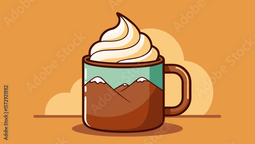 A cup of coffee with whipped cream on top and mountains in the background. The mountains are depicted in a cartoonish style, and the cup is brown. Concept of warmth and comfort, as the coffee