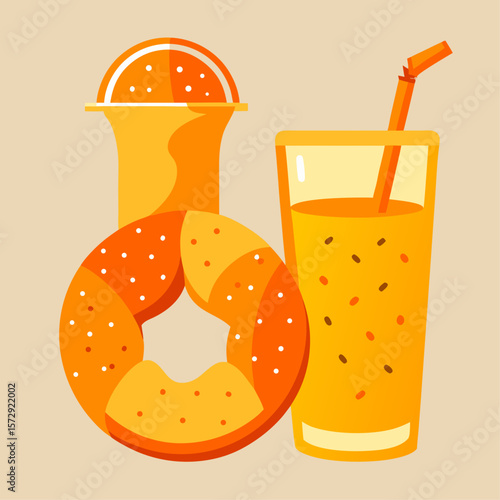 A glass of orange juice is next to a donut and a cup. The donut is orange and has a hole in the middle