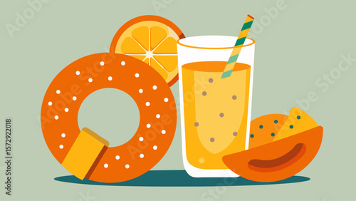 A glass of orange juice is next to a donut and a cup. The donut is orange and has a hole in the middle