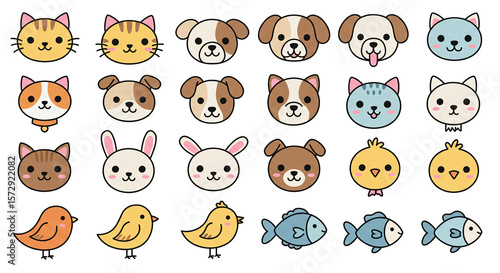Cute animal faces illustration vector art for kids cat dog bunny bird fish cartoon drawing design graphic