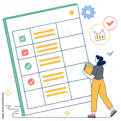Woman reviewing a large checklist with checkmarks and graph icons next to a gear illustration design