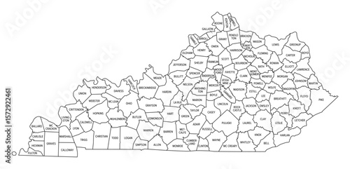 State of Kentucky, subdivided into 120 counties, outline map. State in the Southeastern Region of United States, nicknamed The Bluegrass State. Contour of the state, with county names and borders.