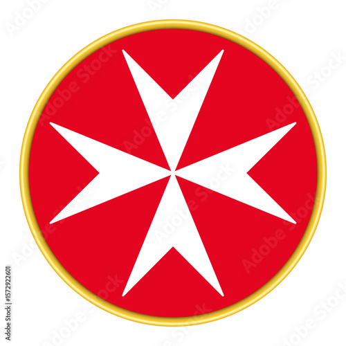 White Maltese cross on a red circular field with golden border. Eight-pointed heraldic cross symbol, used by the Knights Hospitaller, the Knights of Malta, and a wide array of other entities. Vector