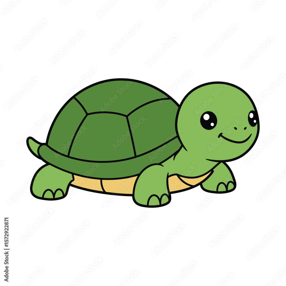 Obraz premium A cute green cartoon turtle with a happy expression, perfect for childrens books or educational materials
