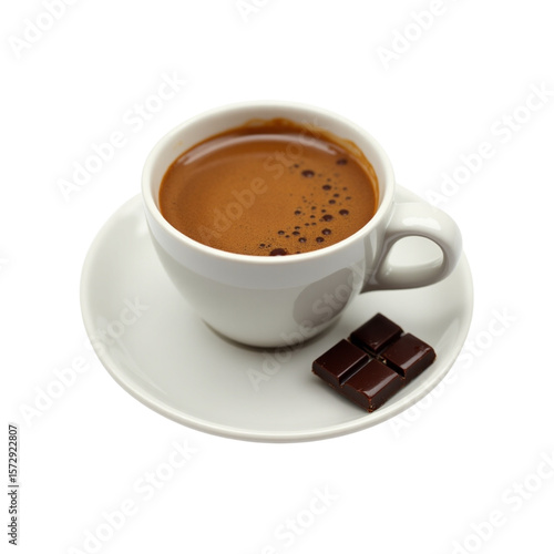 A cup of espresso with crema on top, served with a single square of dark chocolate on a saucer