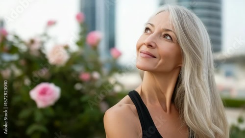 A woman with gray hair is smiling and standing in front of a bush. She is wearing a black tank top and she is enjoying the outdoors