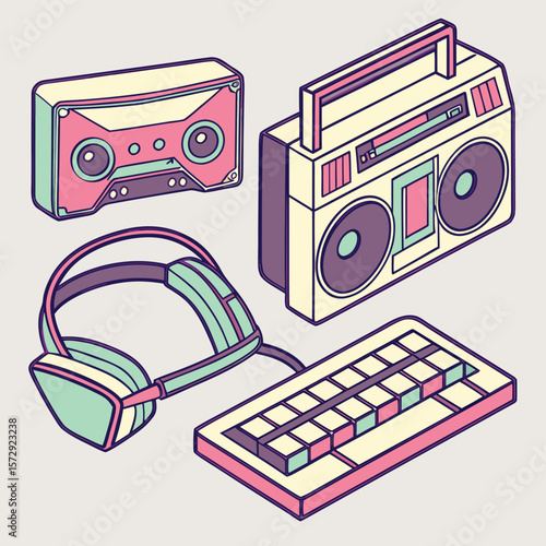 Isometric illustration of retro electronic devices including cassette player and boombox keyboard and headphones
