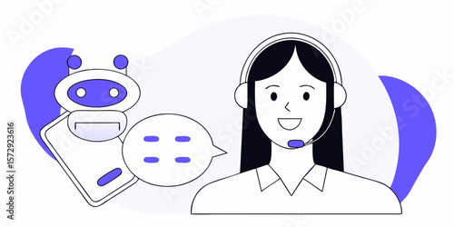 Modern graphic of a customer service agent with a robot chatbot assistant offers efficient and scalable support solutions.