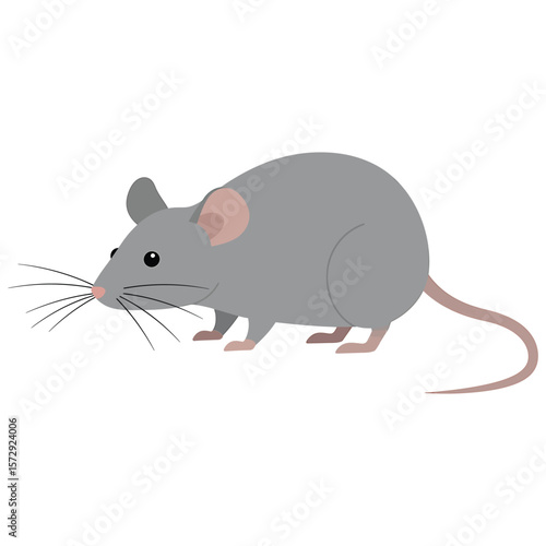An endearing cartoon mouse, its fur a soft grey, sits poised against a pure white backdrop, its whiskers twitching