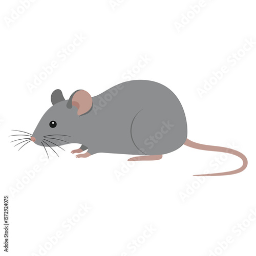 A charming cartoon mouse, its fur a gentle grey, sits serenely against a pristine white background, its whiskers adding to its charm