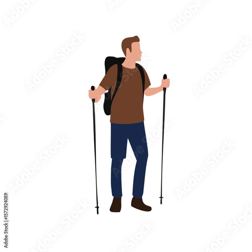 Man with backpack and walking sticks looking away hiking outdoors