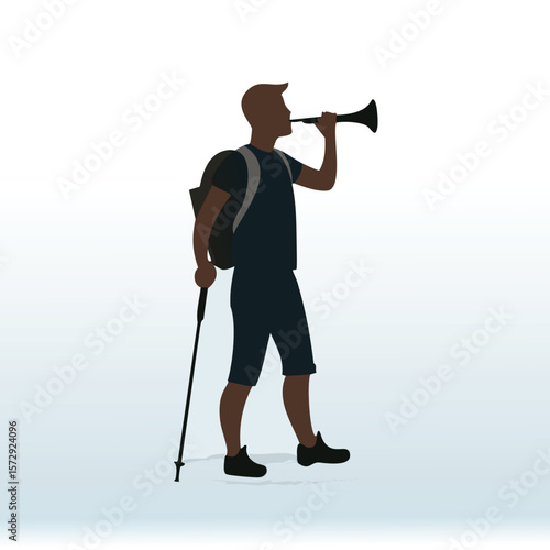 Person blowing horn with backpack and walking stick vector