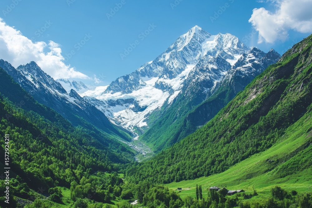 Fototapeta premium Majestic snow capped mountains tower over a lush green valley under a clear blue sky, Majestic snow capped mountains overlooking lush green valley under clear blue sky Nature concept