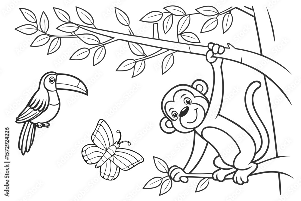 Fototapeta premium Vector line art of a monkey hanging from a tree branch with a toucan and butterfly nearby, jungle-themed coloring page, black and white only