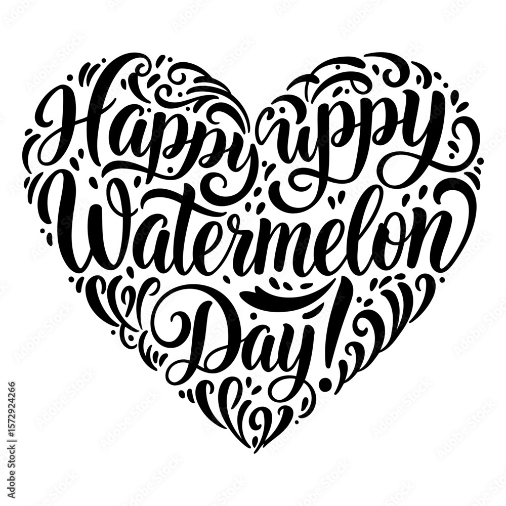 Fototapeta premium Happy Watermelon Day graphic design in heart shape. Stylish, decorative lettering in a heart shape with decorative flourishes, ideal for summer celebrations.